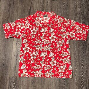 ODO Brand Hawaiian Tropical Shirt in Red with Black & White Flowers Men's XL